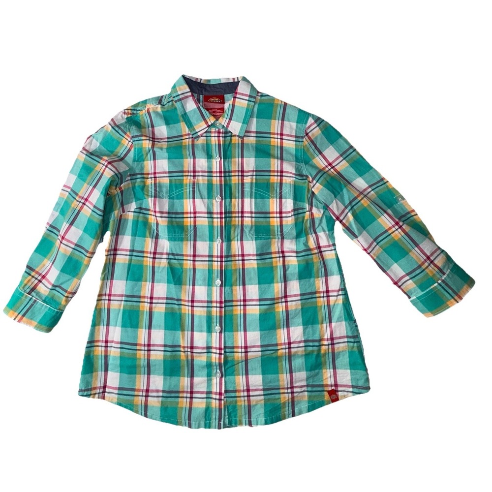 Dickies, Mint Green W/Red Plaid Women's Button Up‎ Long Sleeve Plaid Size Large